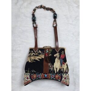 Vintage Western Tapestry Beaded Handbag Cowboy Stagecoach Kiss Lock Boho Purse